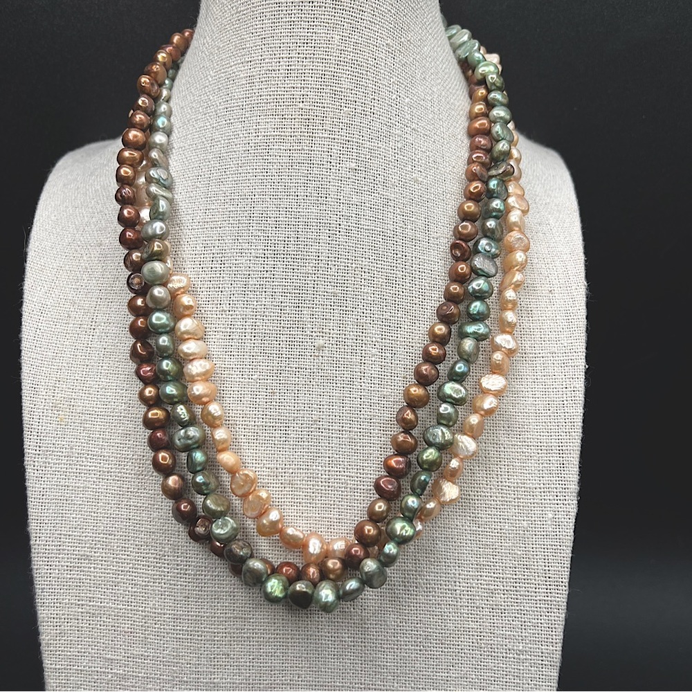 Multi Strand 16” Necklace Freshwater Pearls Copper Pink Green Neutrals